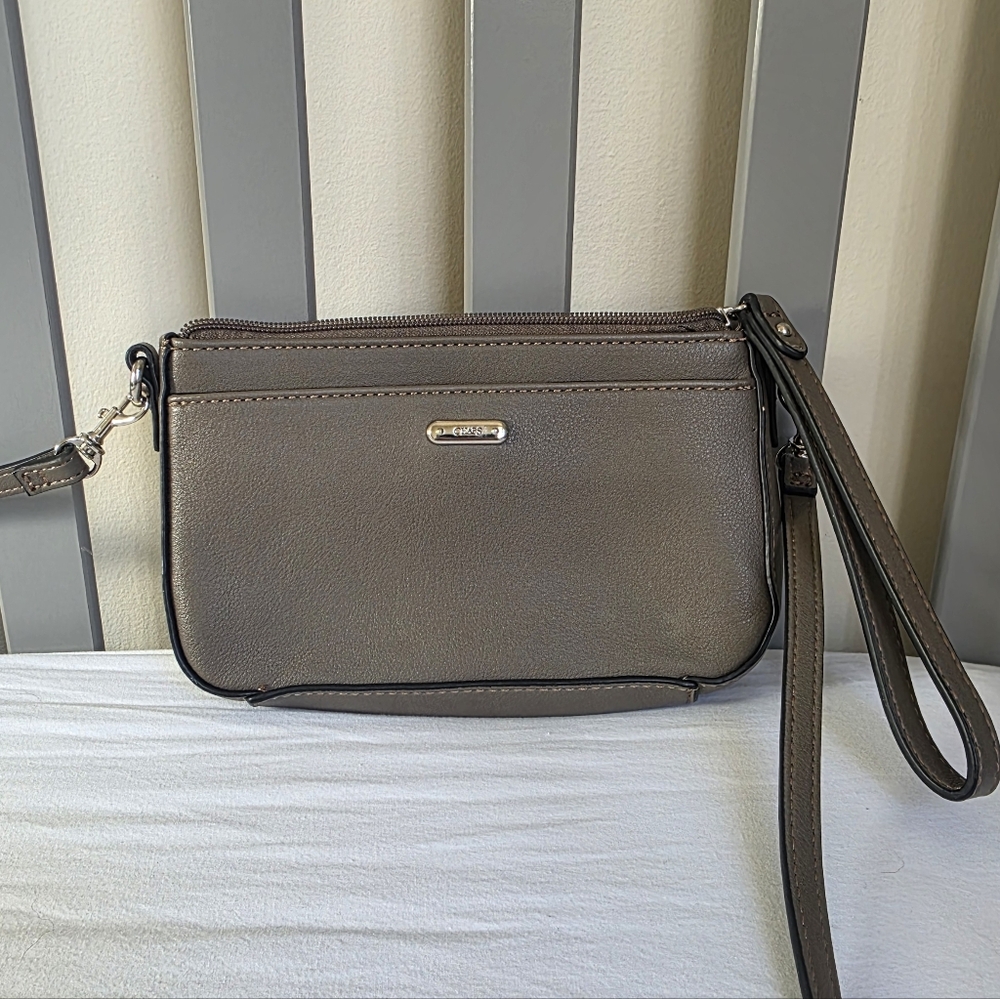 Chaps Taupe Grey Faux Leather Wristlet Crossbody Convertable Bag